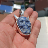 Hand crafted horned Devil Face Skull Amulet - Sodalite Carving - Sterling Silver