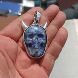 Hand crafted horned Devil Face Skull Amulet - Sodalite Carving - Sterling Silver