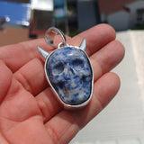 Hand crafted horned Devil Face Skull Amulet - Sodalite Carving - Sterling Silver