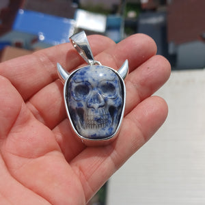 Handmade horned Devil Face Skull Amulet - Sodalite Carving - Sterling Silver