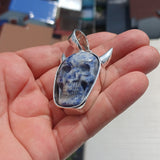 Handmade horned Devil Face Skull Amulet - Sodalite Carving - Sterling Silver