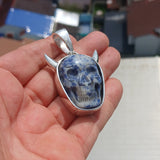 Handmade horned Devil Face Skull Amulet - Sodalite Carving - Sterling Silver