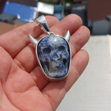 Handmade horned Devil Face Skull Amulet - Sodalite Carving - Sterling Silver