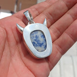 Handmade horned Devil Face Skull Amulet - Sodalite Carving - Sterling Silver