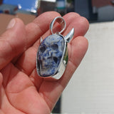 Handmade horned Devil Face Skull Amulet - Sodalite Carving - Sterling Silver