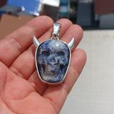 Handmade horned Devil Face Skull Amulet - Sodalite Carving - Sterling Silver