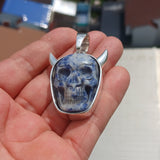 Handmade horned Devil Face Skull Amulet - Sodalite Carving - Sterling Silver