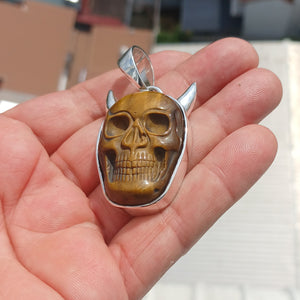 Handmade horned Devil Face Skull Amulet - Tiger's Eye Carving - Sterling Silver