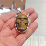 Handmade horned Devil Face Skull Amulet - Tiger's Eye Carving - Sterling Silver