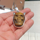 Handmade horned Devil Face Skull Amulet - Tiger's Eye Carving - Sterling Silver