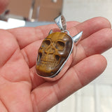 Handmade horned Devil Face Skull Amulet - Tiger's Eye Carving - Sterling Silver