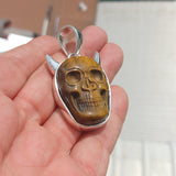 Handmade horned Devil Face Skull Amulet - Tiger's Eye Carving - Sterling Silver