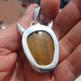 Handmade horned Devil Face Skull Amulet - Tiger's Eye Carving - Sterling Silver