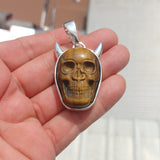 Handmade horned Devil Face Skull Amulet - Tiger's Eye Carving - Sterling Silver