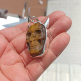 Handmade horned Devil Face Skull Amulet - Tiger's Eye Carving - Sterling Silver