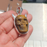 Handmade horned Devil Face Skull Amulet - Tiger's Eye Carving - Sterling Silver