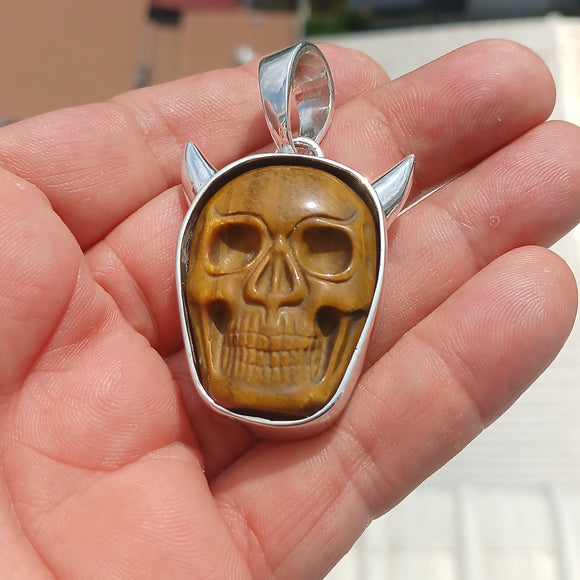 Sterling Silver Skull Pendant, Handmade Jewelry, horned Devil Face Pendant, Skull Amulet, Skull Necklace, Tiger's Eye Stone Carving, Gift