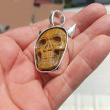 Sterling Silver Skull Pendant, Handmade Jewelry, horned Devil Face Pendant, Skull Amulet, Skull Necklace, Tiger's Eye Stone Carving, Gift