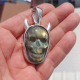 Sterling Silver Labradorite Skull Pendant, Hand crafted horned Devil Face Pendant, Skull Pendant, Skull Amulet, Labradorite Stone Carving