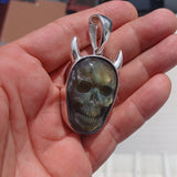 Sterling Silver Labradorite Skull Pendant, Hand crafted horned Devil Face Pendant, Skull Pendant, Skull Amulet, Labradorite Stone Carving