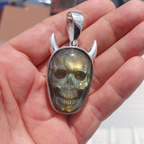 Sterling Silver Labradorite Skull Pendant, Hand crafted horned Devil Face Pendant, Skull Pendant, Skull Amulet, Labradorite Stone Carving