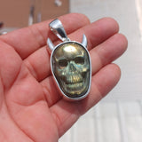 Sterling Silver Labradorite Skull Pendant, Hand crafted horned Devil Face Pendant, Skull Pendant, Skull Amulet, Labradorite Stone Carving