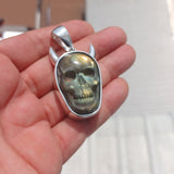 Sterling Silver Labradorite Skull Pendant, Hand crafted horned Devil Face Pendant, Skull Pendant, Skull Amulet, Labradorite Stone Carving