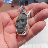 Sterling Silver Labradorite Skull Pendant, Hand crafted horned Devil Face Pendant, Skull Pendant, Skull Amulet, Labradorite Stone Carving