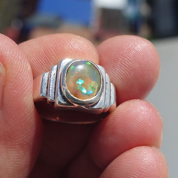 Natural Opal Ring, Men's Sterling Silver Ring, Solitaire Ring, oval shaped Opal, handmade Opal Ring, unique jewelry design, gift for him- Size 8