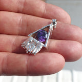 Triangle shaped Sterling Silver Pendant with round purple CZ - Minimalist Design