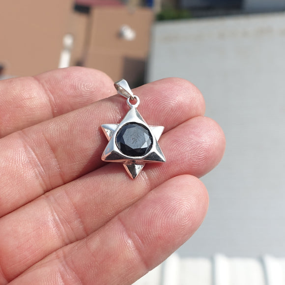 Star shaped Sterling Silver Pendant with round black CZ - Minimalist Design