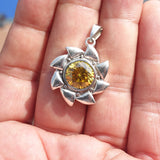 Round shaped Sun Amulet,  Sterling Silver Pendant with round yellow CZ - Minimalist Design