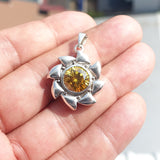 Round shaped Sun Amulet,  Sterling Silver Pendant with round yellow CZ - Minimalist Design