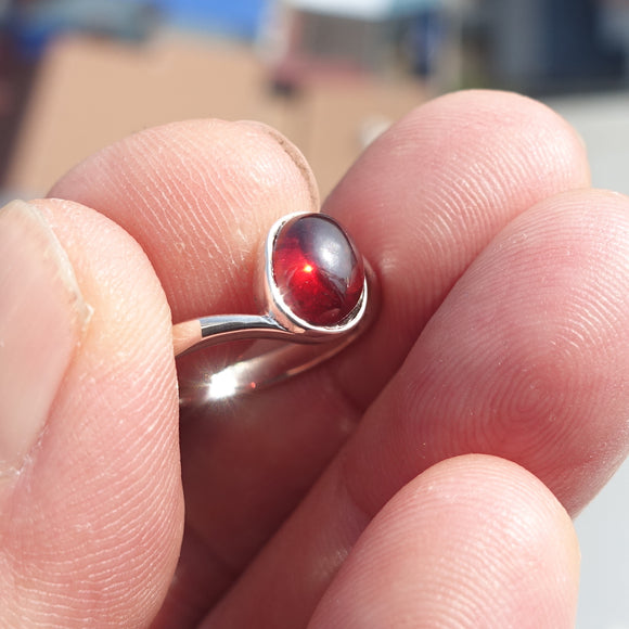 Red Garnet Ring, Sterling Silver Ring, Solitaire Ring with red Garnet Cabochon, handmade silver ring, Minimalist design, gift for her - Size 7