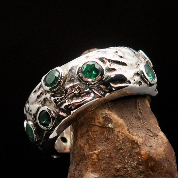 Green Emerald Ring, Sterling Silver Ring with 11 irregular settings of green Emerald 1.7 CT, handmade emerald ring, unique design - Size 8.5