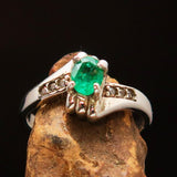 Natural emerald ring, Emerald Gemstone Ring, Sterling Silver Solitaire Ring with Green Emerald and CZ - Size 6.5 - handmade silver ring