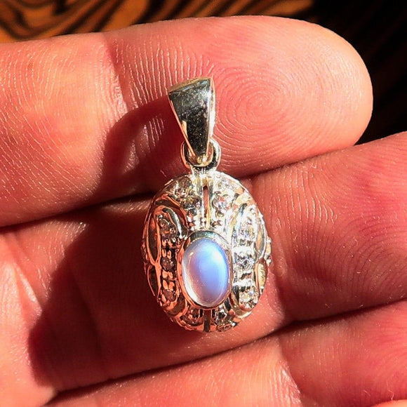 Moonstone Pendant, Sterling Silver Pendant, Gemstone Pendant, oval shaped Ceylon Moonstone and 18 CZ, Gift for Her, Unique Design, Handmade