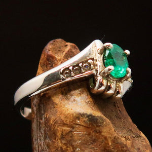 Natural emerald ring, Emerald Gemstone Ring, Sterling Silver Solitaire Ring with Green Emerald and CZ - Size 6.5 - handmade silver ring