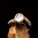 Moonstone Ring, Gemstone Ring, Sterling Silver Ring, Solitaire Ring with oval shaped Ceylon Moonstone and 10 CZ, Gift for Her - Size 5.5