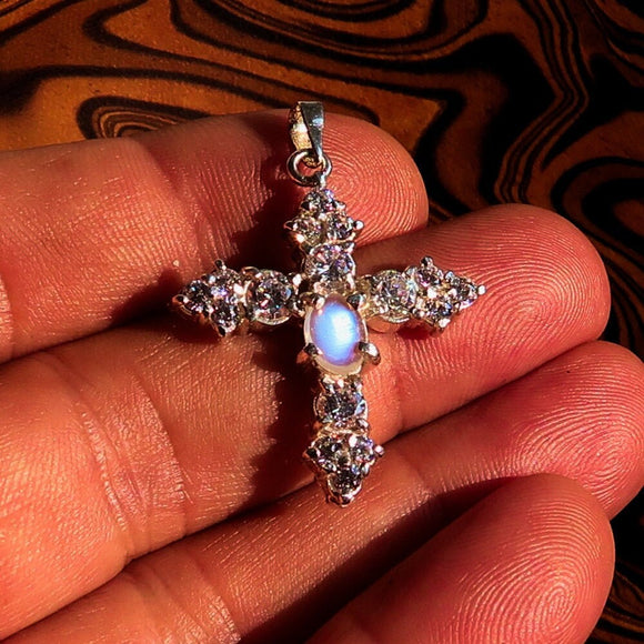 Moonstone Cross Pendant, Sterling Silver Pendant, Cross Crucifix Pendant, oval shaped Ceylon Moonstone, 16 CZ, moonstone necklace, gift