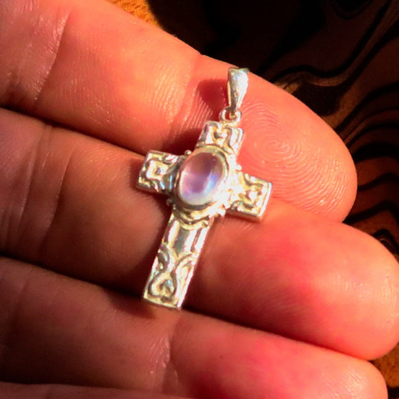 Moonstone Pendant, Sterling Silver Pendant, Celtic Cross Pendant, Crucifix Pendant, oval shaped Ceylon Moonstone, moonstone necklace, gift