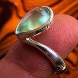 Mirror polished Sterling Silver Solitaire Ring with pear shaped green Prehnite - Size 7.5