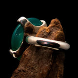 Green Agate Ring, Minimalist, Sterling Silver Ring with round shaped green Agate Cabochon, handmade silver ring - Size 7.5