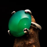 Green Agate Ring, Minimalist, Sterling Silver Ring with round shaped green Agate Cabochon, handmade silver ring - Size 7.5