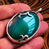 Green Agate Pendant, Sterling Silver Pendant, Artwork Pendant, green Agate cabochon, gift for her, unique design, sterling silver amulet