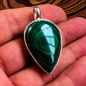 Green Malachite Pendant, Sterling Silver Pendant, Pear shaped Pendant, green Minimalist Amulet, Malachite Amulet, Malachite Silver Necklace