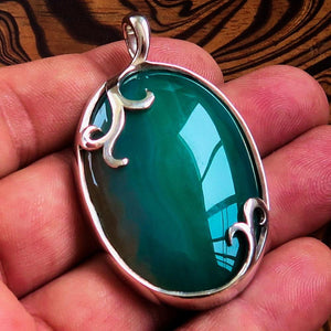 Green Agate Pendant, Sterling Silver Pendant, Artwork Pendant, green Agate cabochon, gift for her, unique design, sterling silver amulet