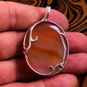 Orange Agate Pendant, Sterling Silver Amulet, Floral Design, Artwork Pendant, orange Agate cabochon, Gift for her, Agate Necklace, unique