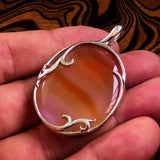 Orange Agate Pendant, Sterling Silver Amulet, Floral Design, Artwork Pendant, orange Agate cabochon, Gift for her, Agate Necklace, unique