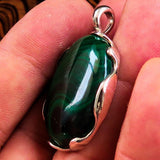 Natural Malachite Amulet, Sterling Silver Pendant, Oval shaped Pendant, green Malachite Cabochon, Minimalist necklace, Malachite Necklace